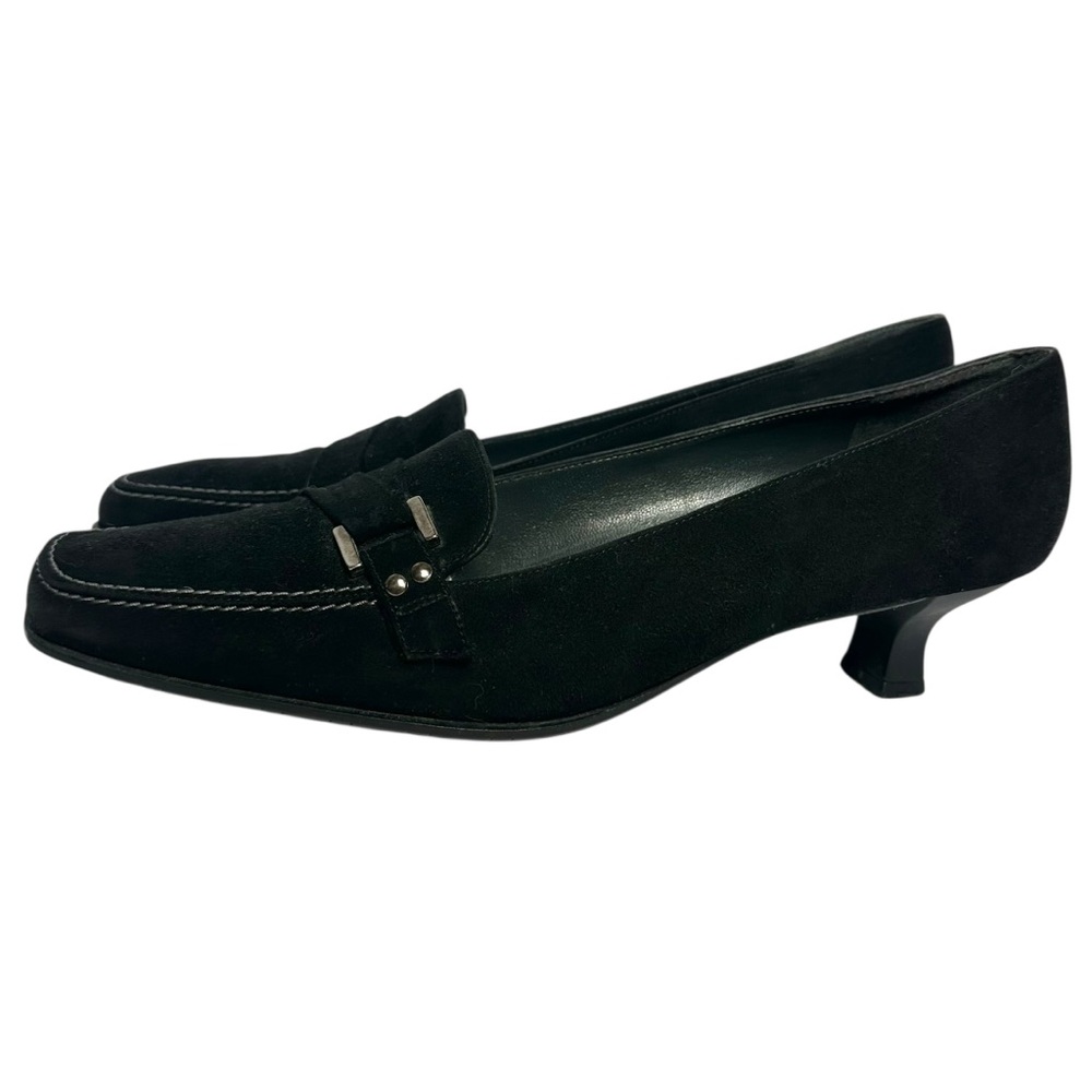 Stuart Weitzman Women’s Black Suede Buckle Square Toe Kitten Heels- Size 7.5